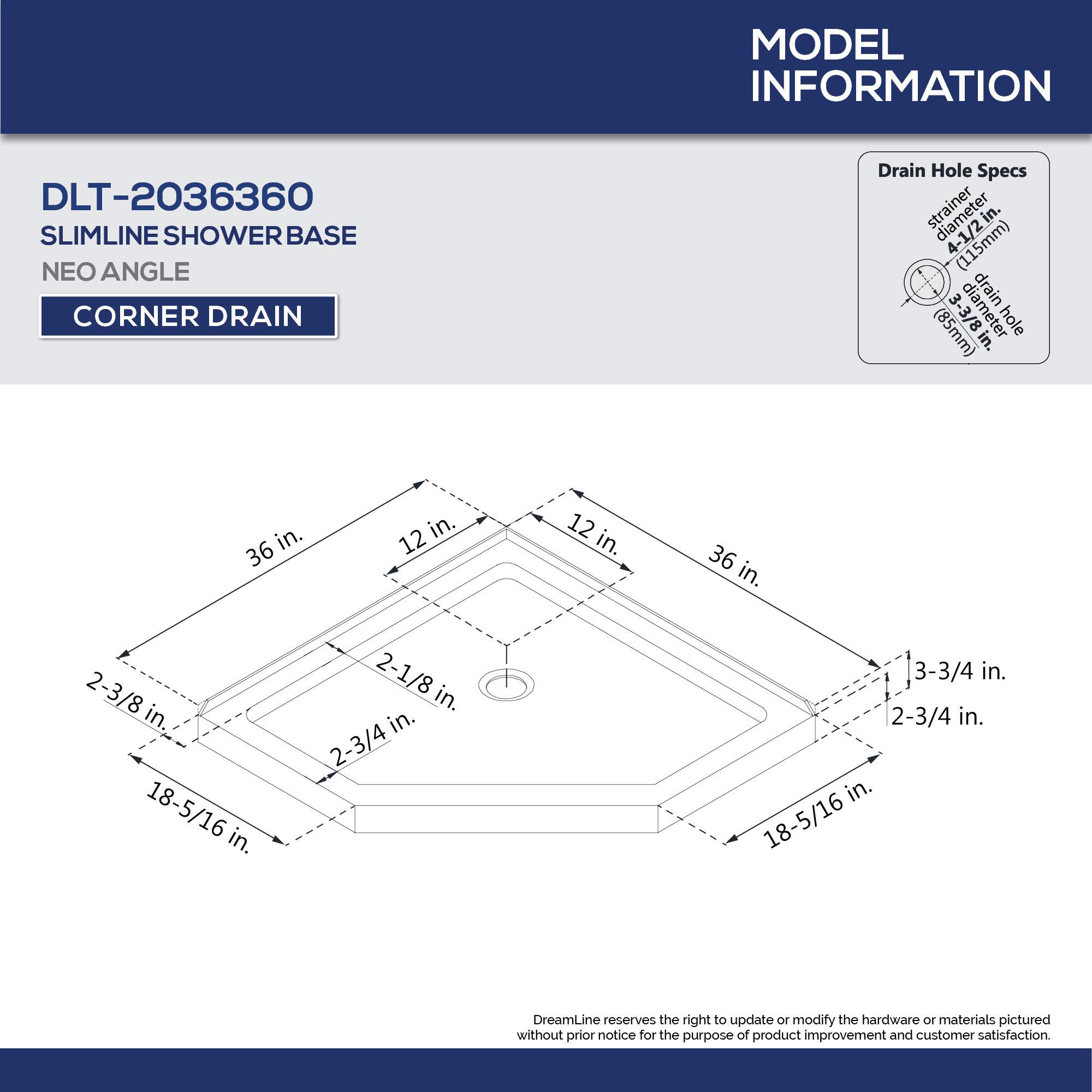DreamLine SlimLine 36 in. D x 36 in. W x 2 3/4 in. H Corner Drain